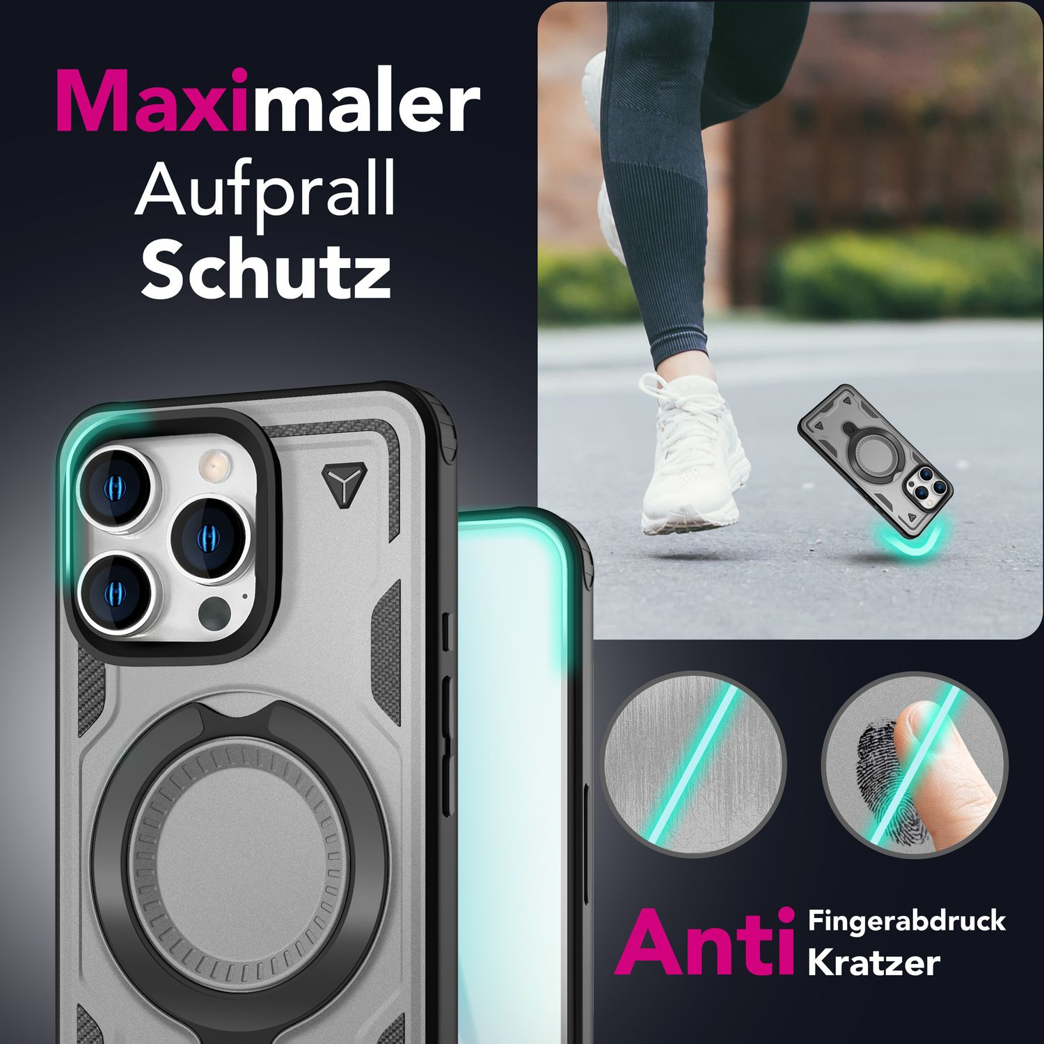 Silberne Handyhülle mit Ringhalter und Kratzschutz mit einer Person beim Laufen.