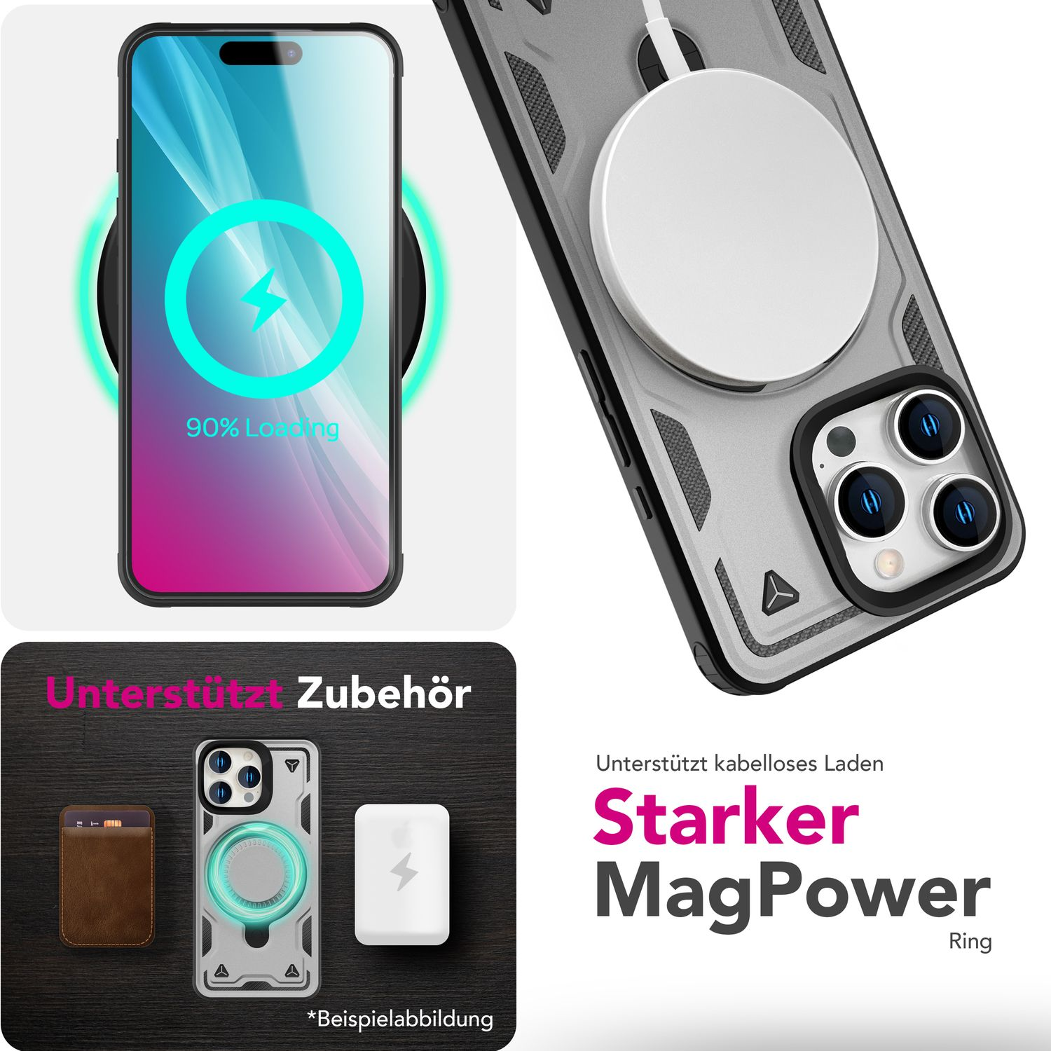 Collage von Telefon mit Ladebildschirm, MagPower Ring und Zubehör. Text: Starker MagPower.