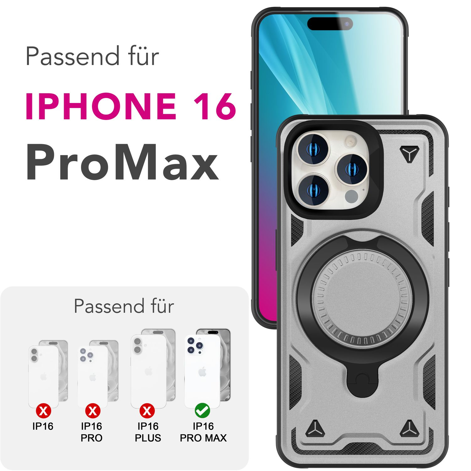 Silberne Handyhülle für iPhone 16 Pro Max. Kompatible Telefonmodelle sind aufgelistet.