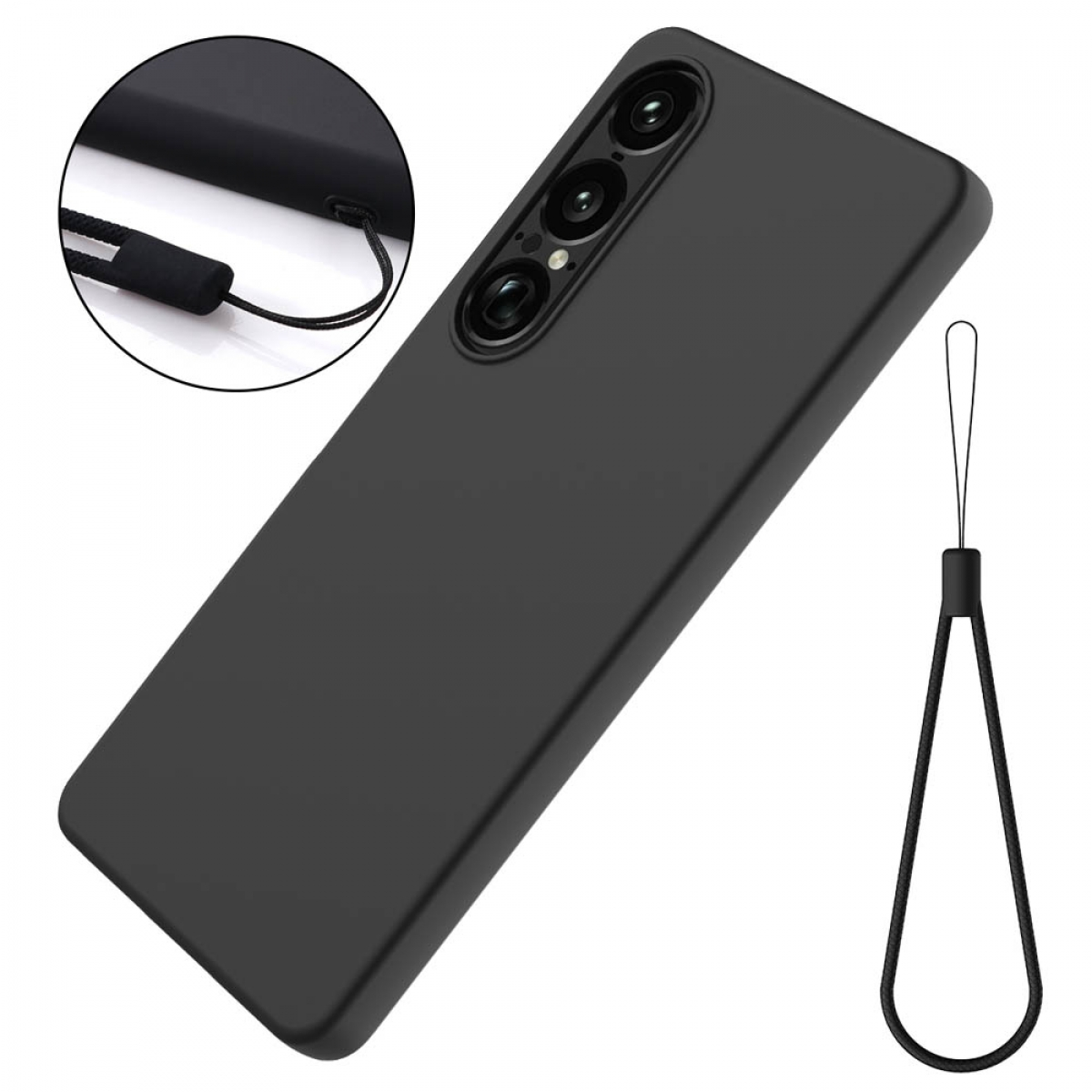 Schwarze Handyhülle mit Lanyard. Telefon hat 3 Kameras. Weißer Hintergrund.