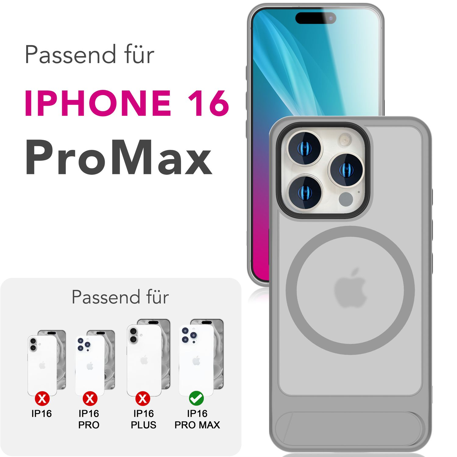 Custodia per telefono con anello MagSafe, per iPhone 16 Pro Max. Altri iPhone sono barrati.