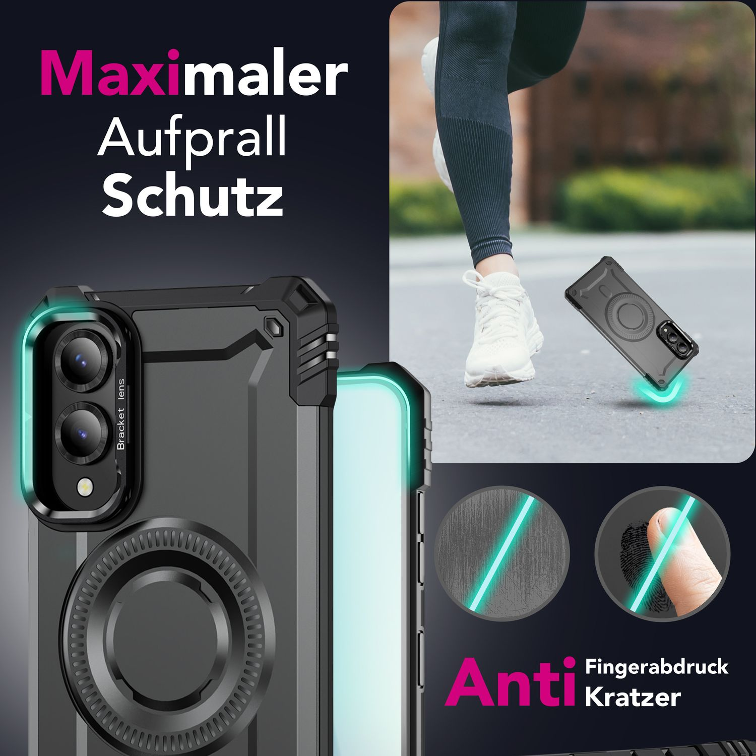 Schwarze Handyhülle auf Telefon mit MagSafe-Ring. Kratzfest, fingerabdruckresistent.