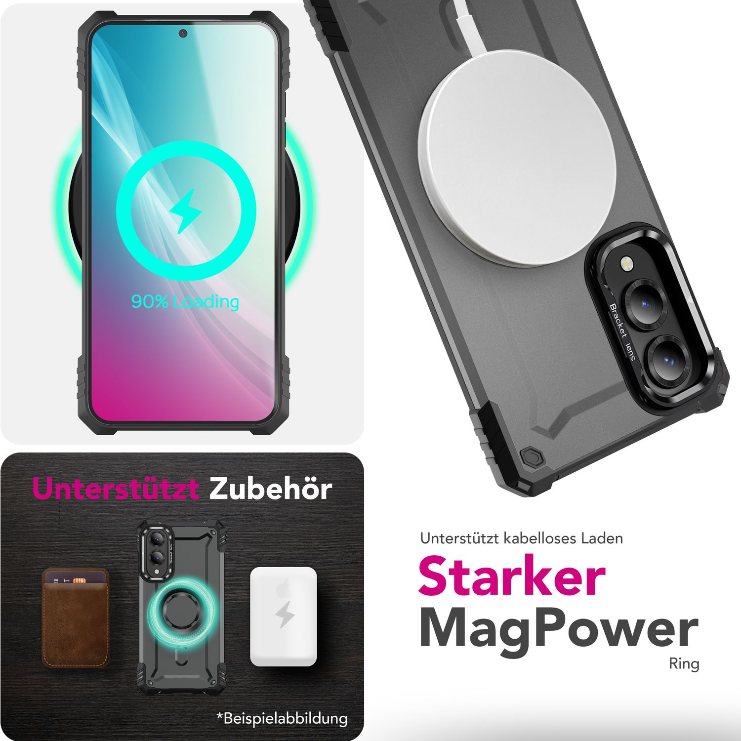 Eine Handyhülle, ein Telefon und Zubehör. Die Hülle lädt das Telefon kabellos. Text: 'MagPower'.