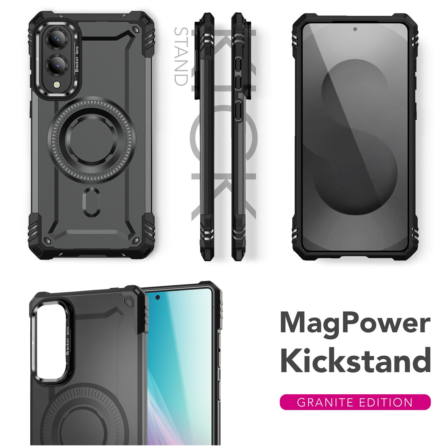 Eine schwarze Handyhülle mit MagPower-Kickstand, aus verschiedenen Blickwinkeln gezeigt. Das Telefon ist drin.