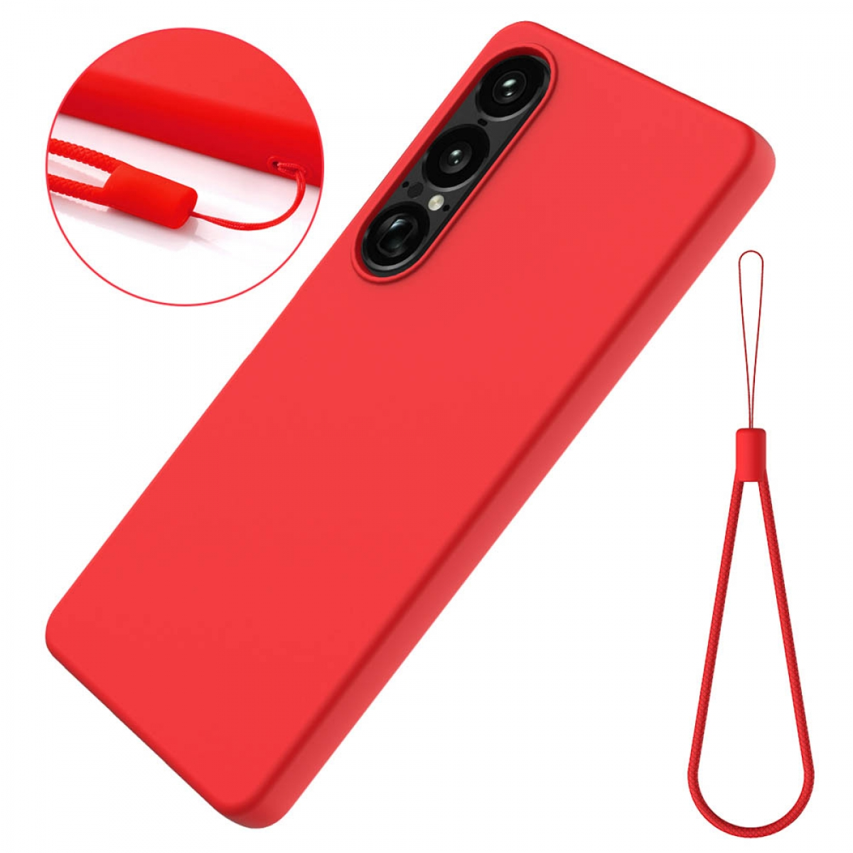 Rote Handyhülle mit roter Handschlaufe. Die Handyhülle hat eine Dreifachkamera und ist rot.
