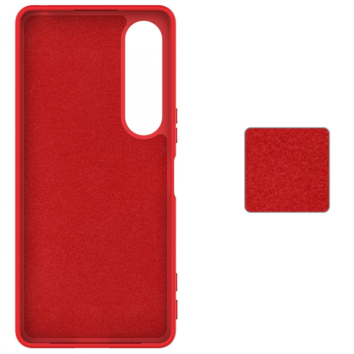 Roter Handyhüllen-Innenraum und ein rotes Quadrat des Hüllenmaterials. Weißer Hintergrund.