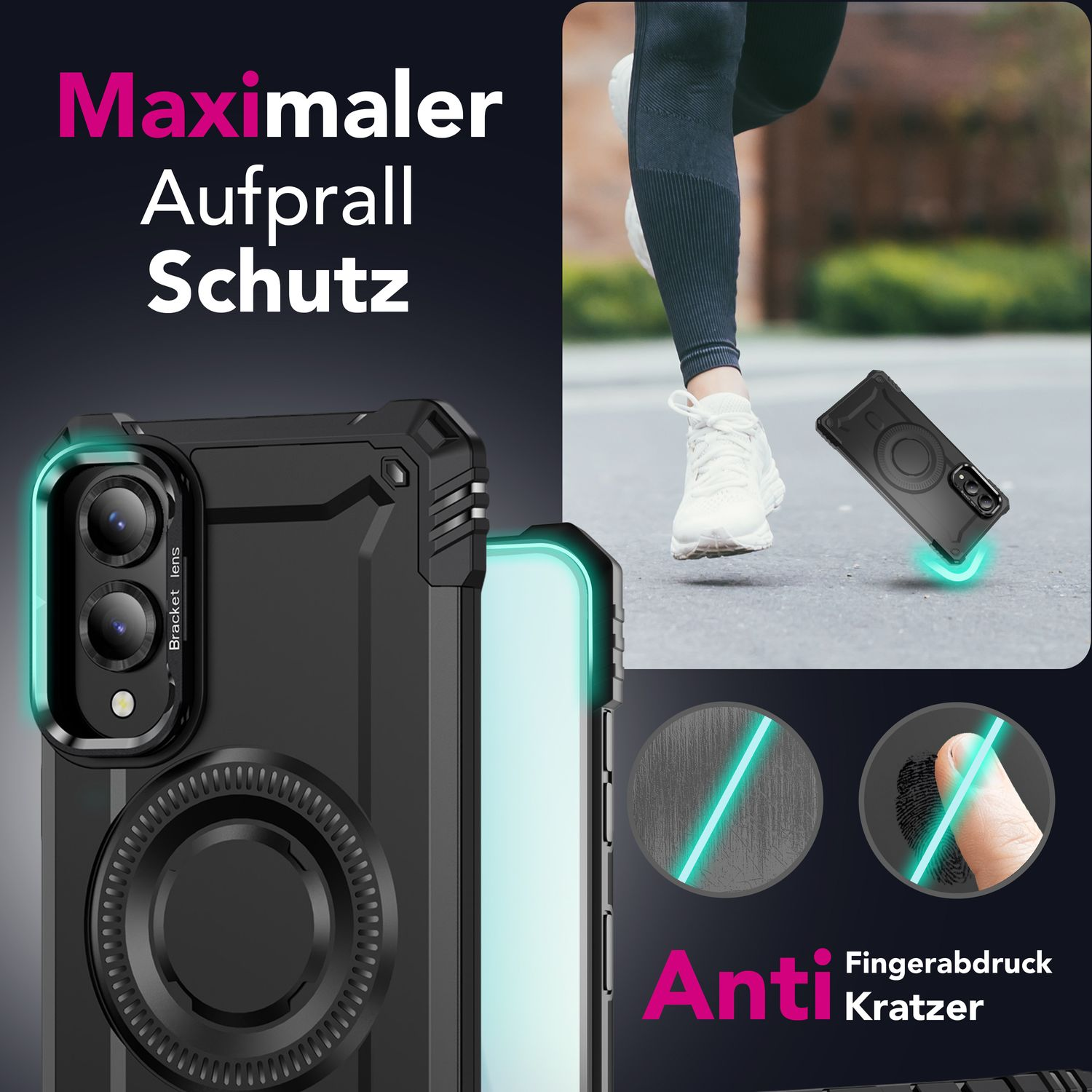 Schwarze Handyhülle mit Text 'Maximaler Aufprall Schutz' und Grafiken zu Fingerabdrücken und Kratzern.