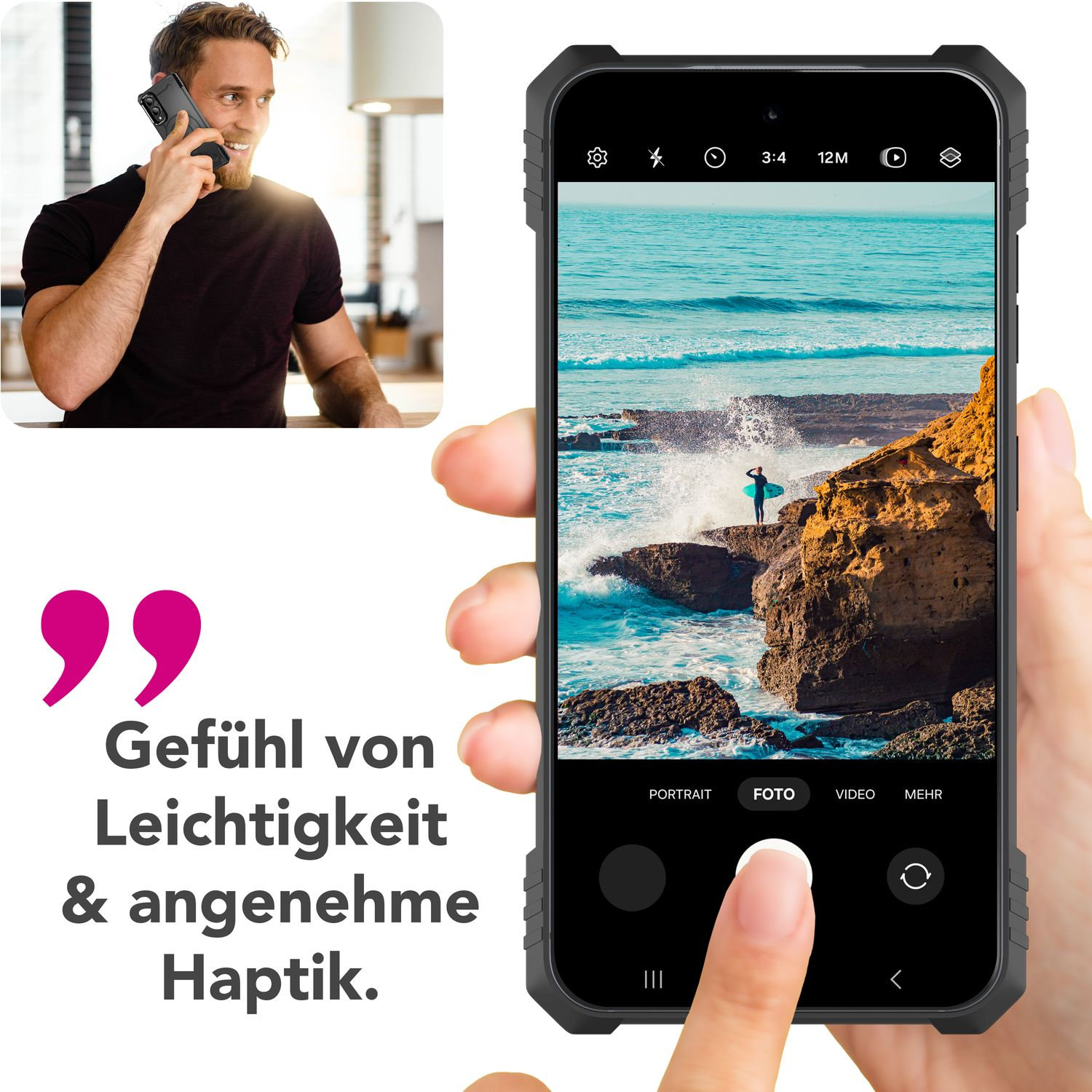 Eine Person hält ein Telefon mit einer robusten schwarzen Hülle und zeigt eine Strandszene mit einem Surfer.