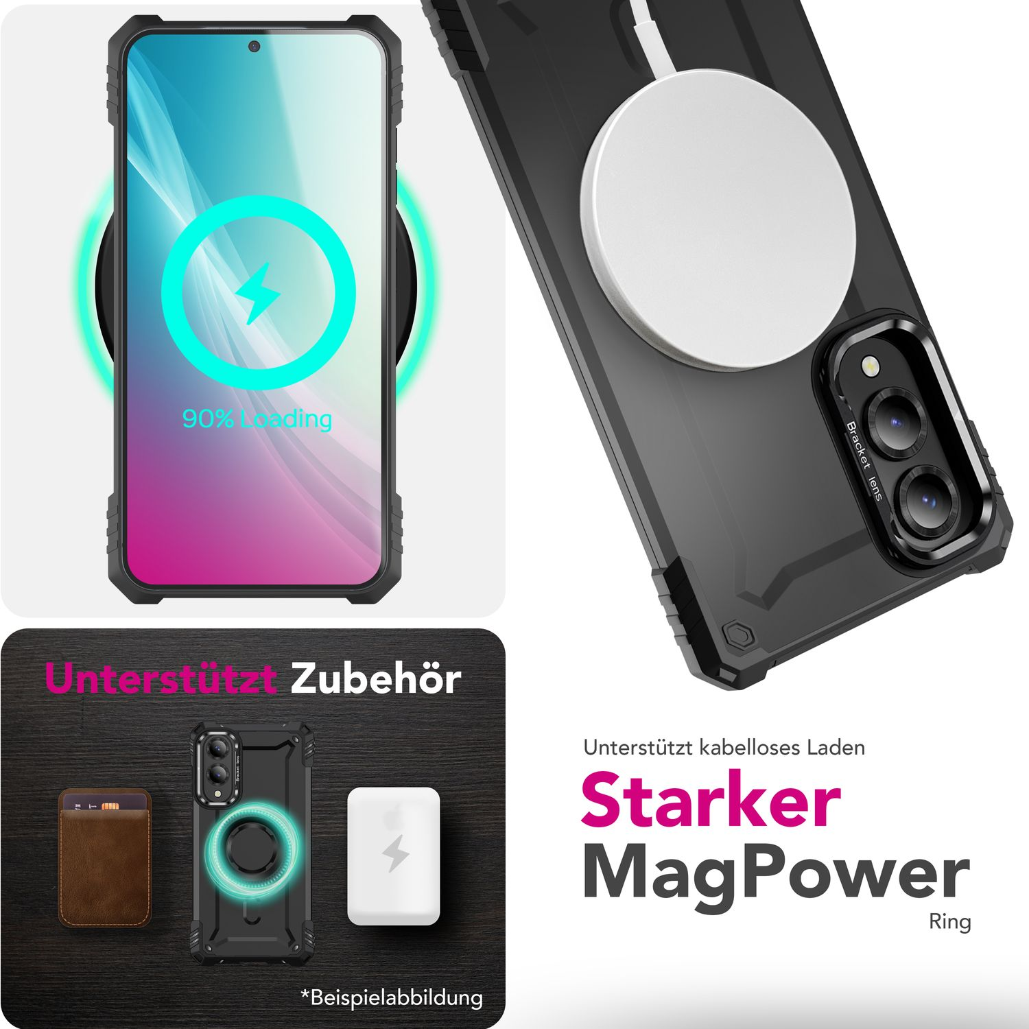 Schwarze Handyhülle mit MagPower-Ring und ein kabelloses Ladesymbol auf dem Telefonbildschirm.