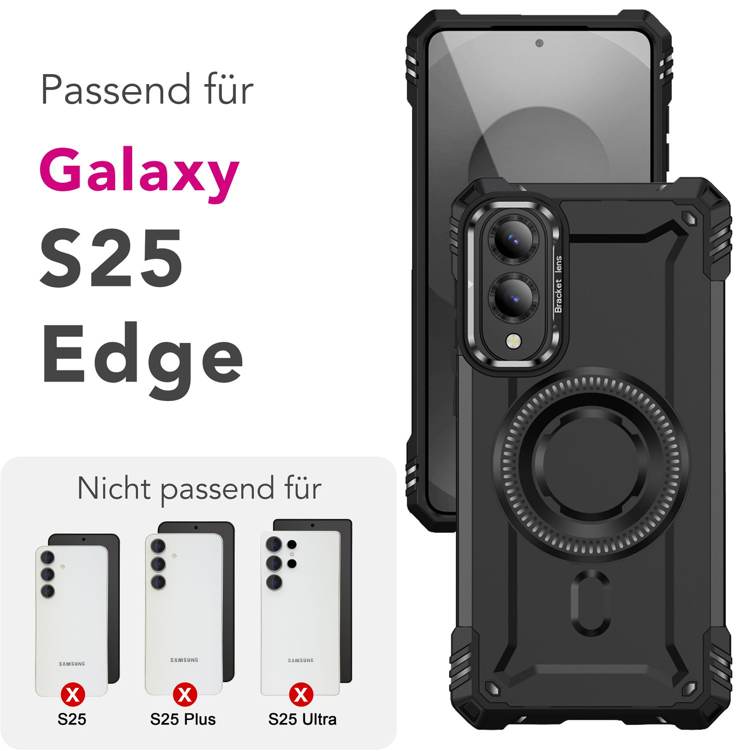 Schwarze Handyhülle mit Text, der die Kompatibilität mit Galaxy S25 Edge anzeigt, und nicht mit anderen S-Serien.