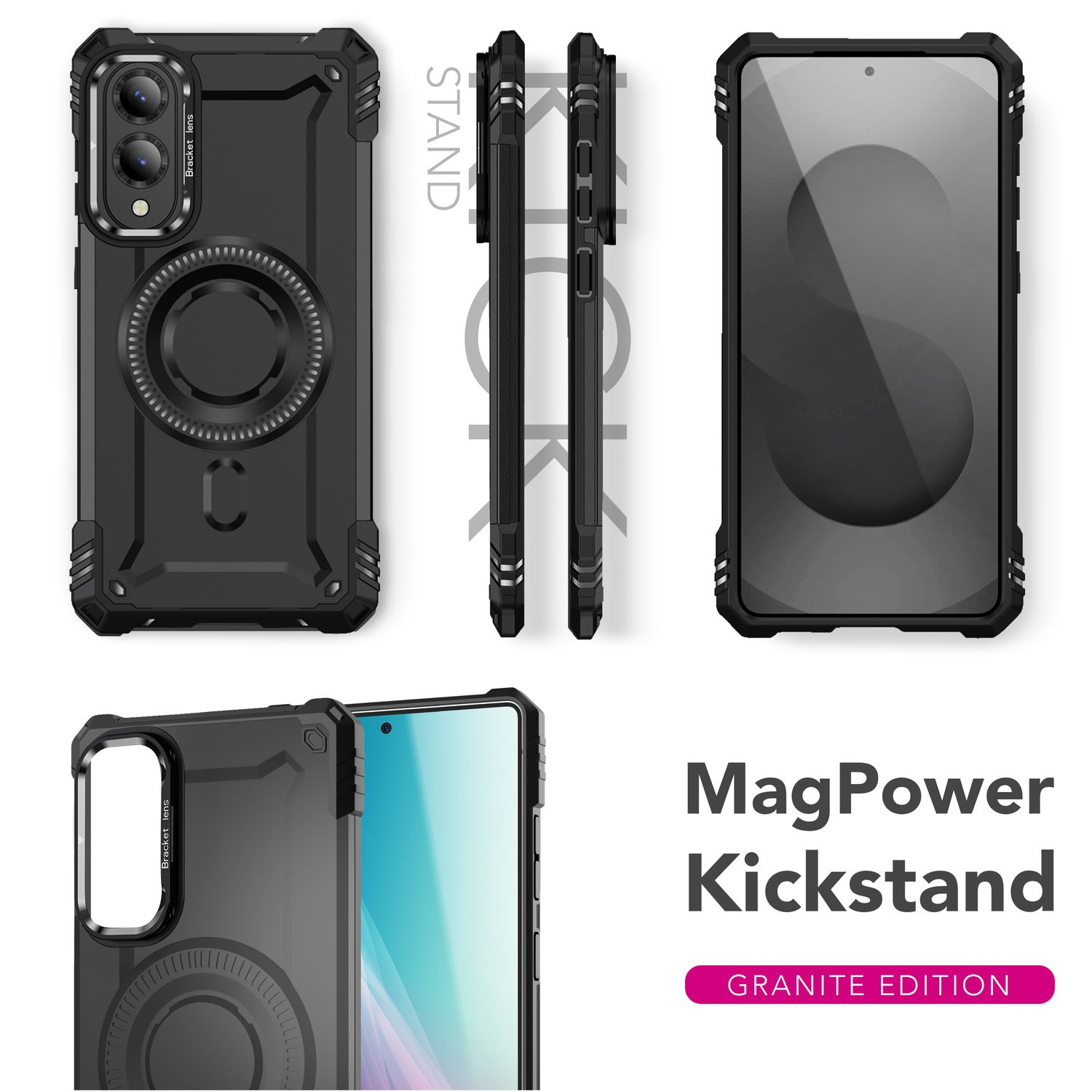 Schwarze Handyhülle mit schwarzem Ringständer und dem Text MagPower Kickstand und Granite Edition.