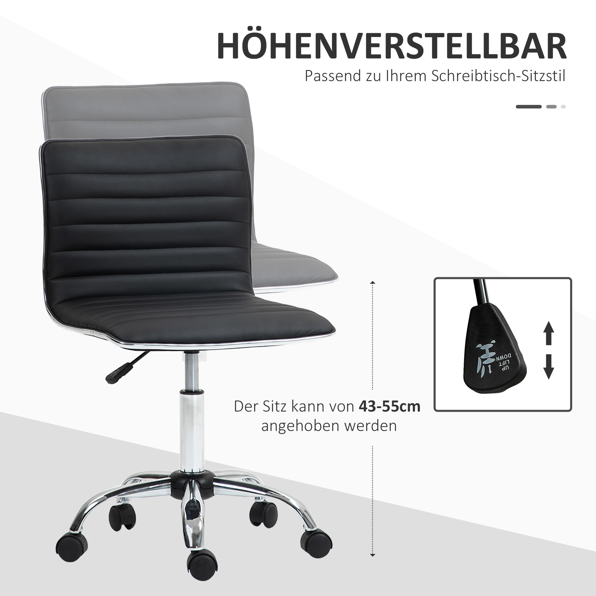 Höhenverstellbarer Bürostuhl, schwarz und silber.