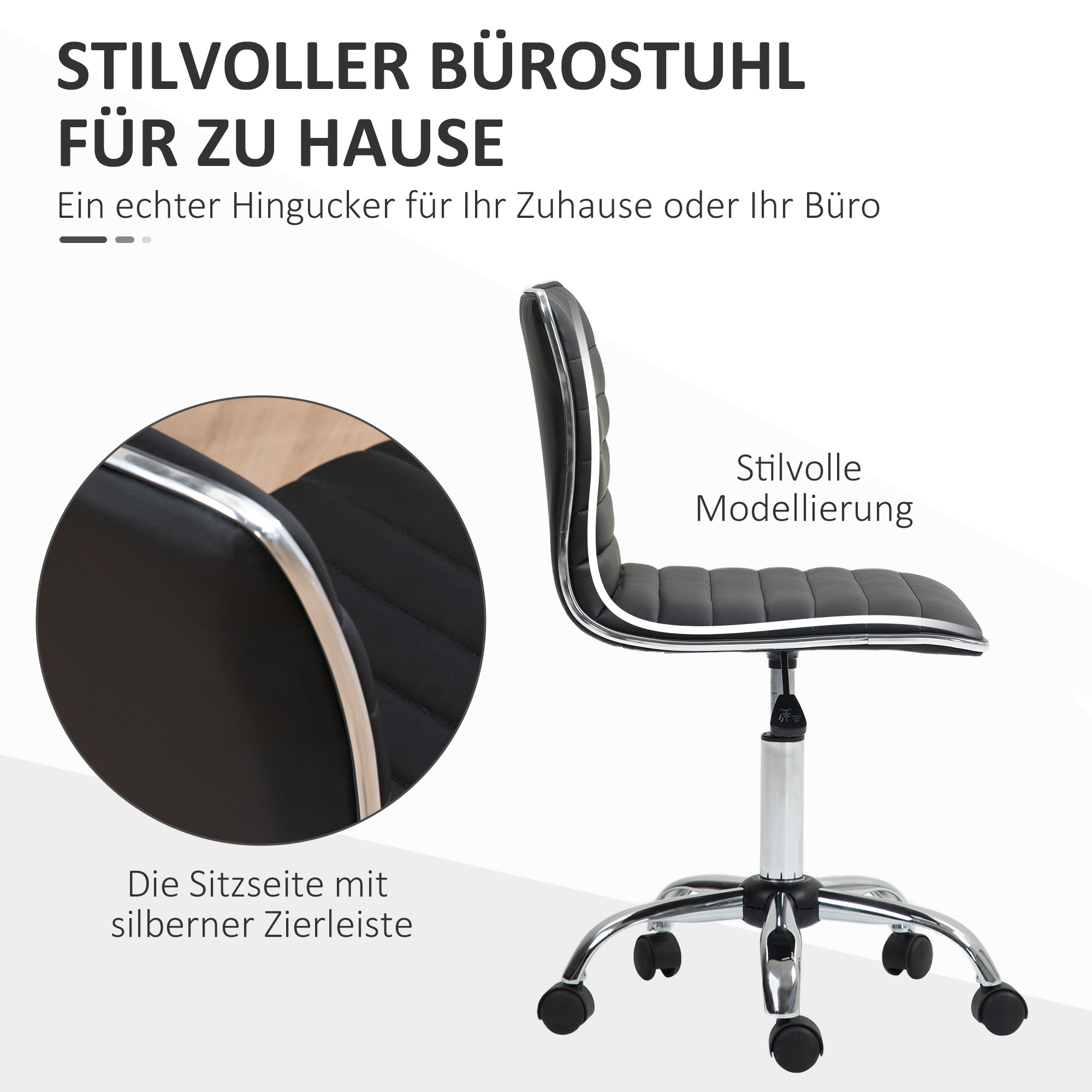 Schwarzer Bürostuhl mit silberner Zierleiste und Rollen. Text: "Stilvoller Bürostuhl für Zuhause".