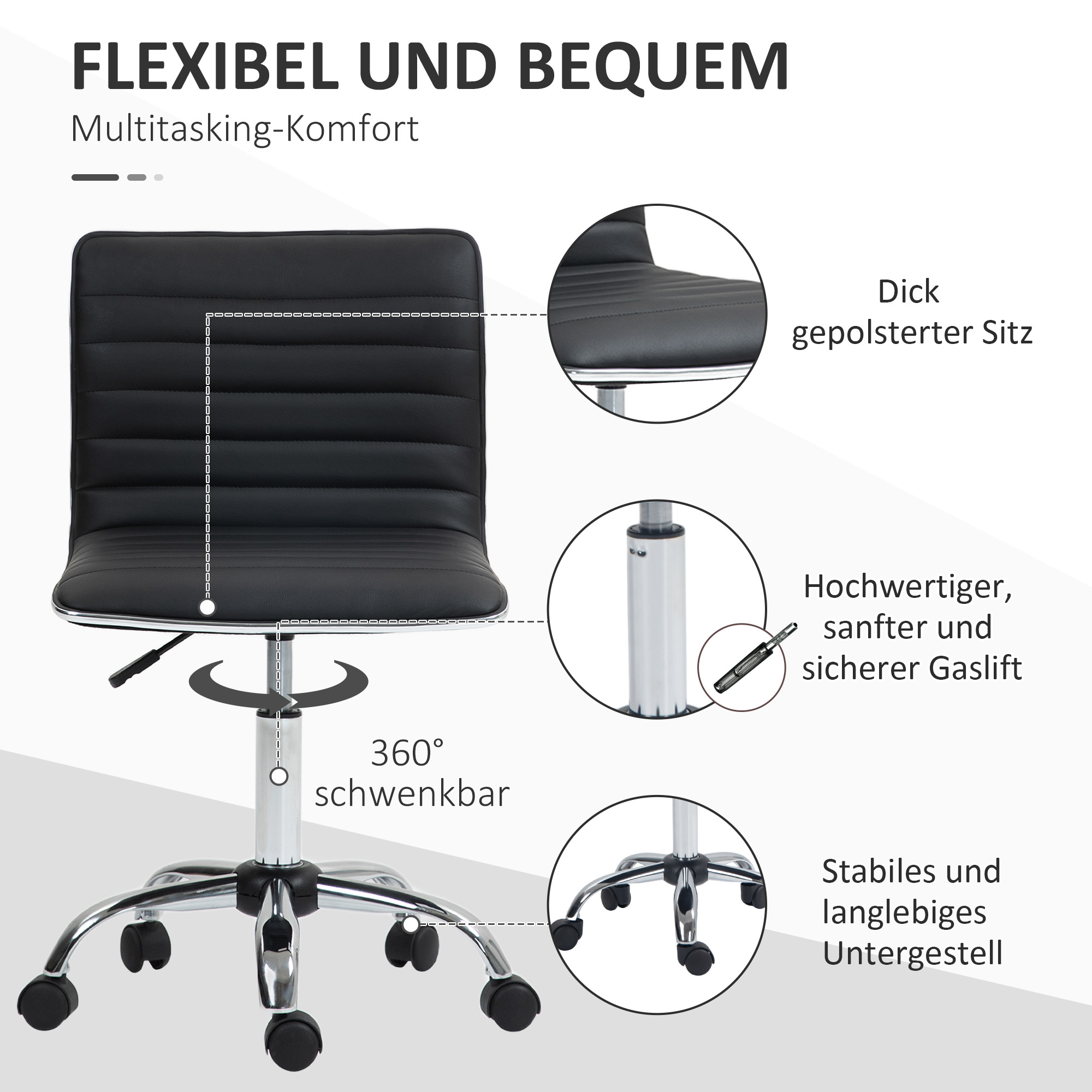 Schwarzer Bürostuhl mit Detailansichten und Text.