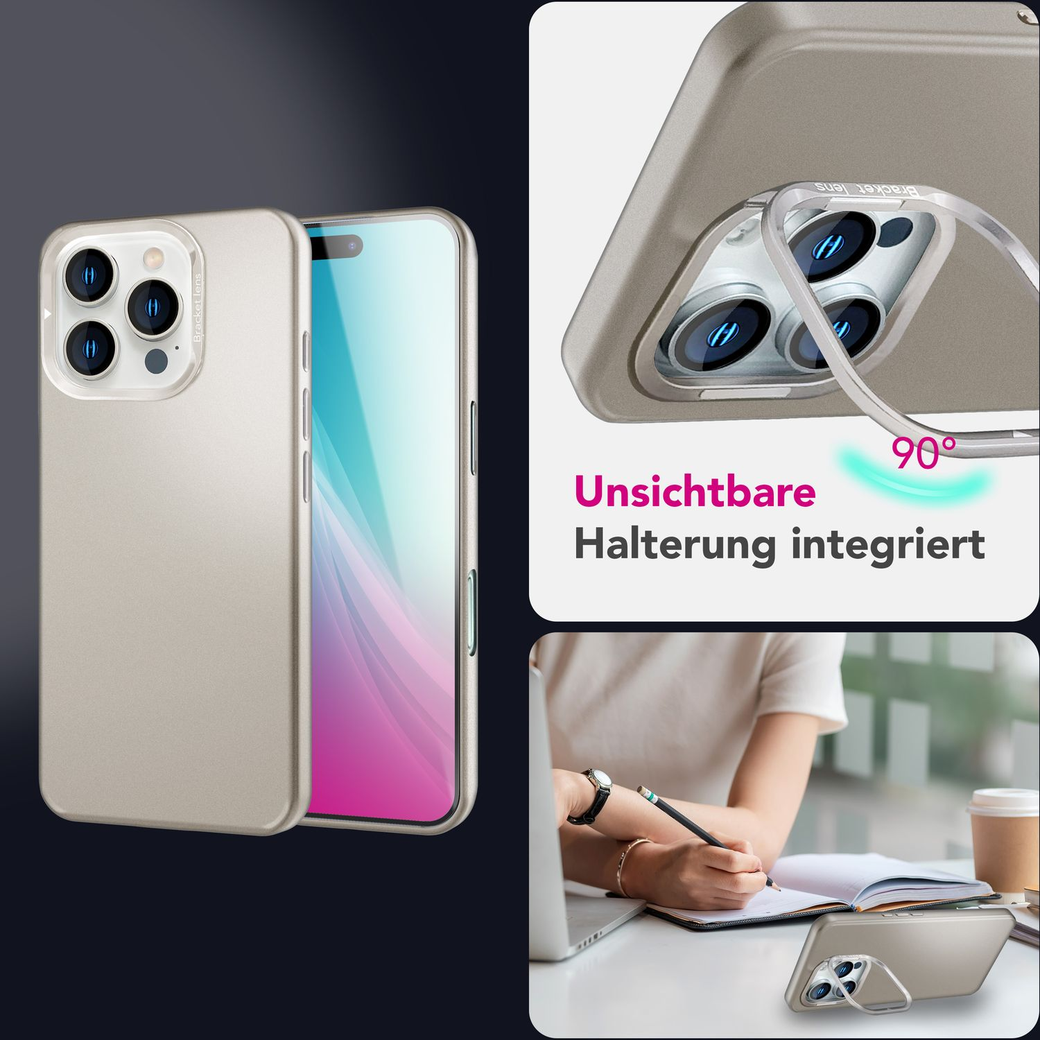 Eine Handyhülle mit einem Telefon und einer Frau, die auf einem Schreibtisch schreibt.