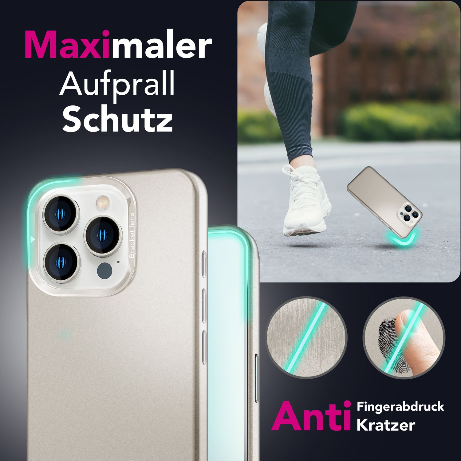 Goldfarbene Handyhülle mit Person, die im Hintergrund rennt.
