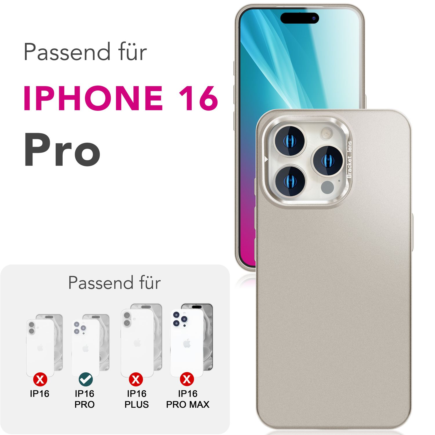 Handyhülle und Telefonbild, silber, kompatibel mit iPhone 16 Pro.