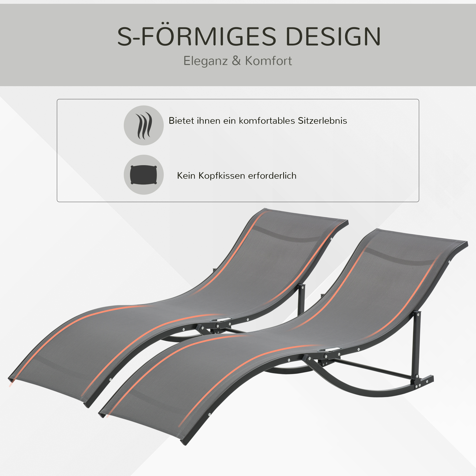 Zwei graue Liegestühle mit geschwungenem Design, Text auf Deutsch.