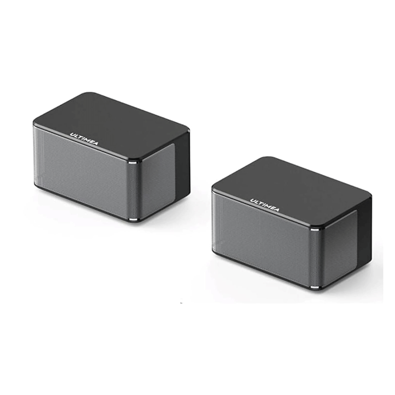 Dwa czarne głośniki z nazwą marki z przodu.