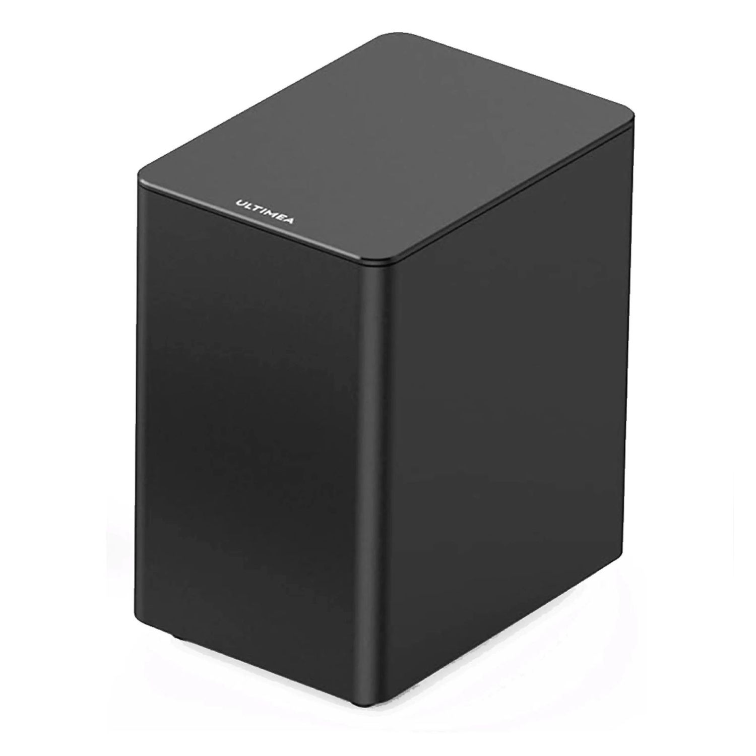 Czarny subwoofer z nazwą marki na górze.