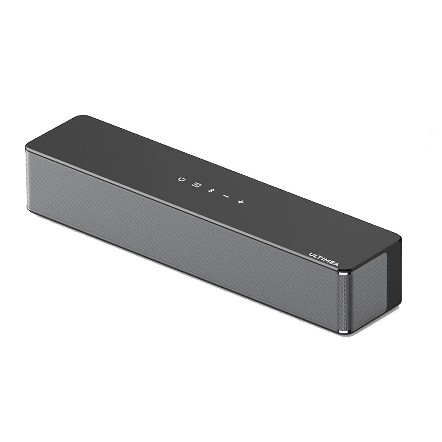 Czarny soundbar z zasilaniem, regulacją głośności i nazwą marki.