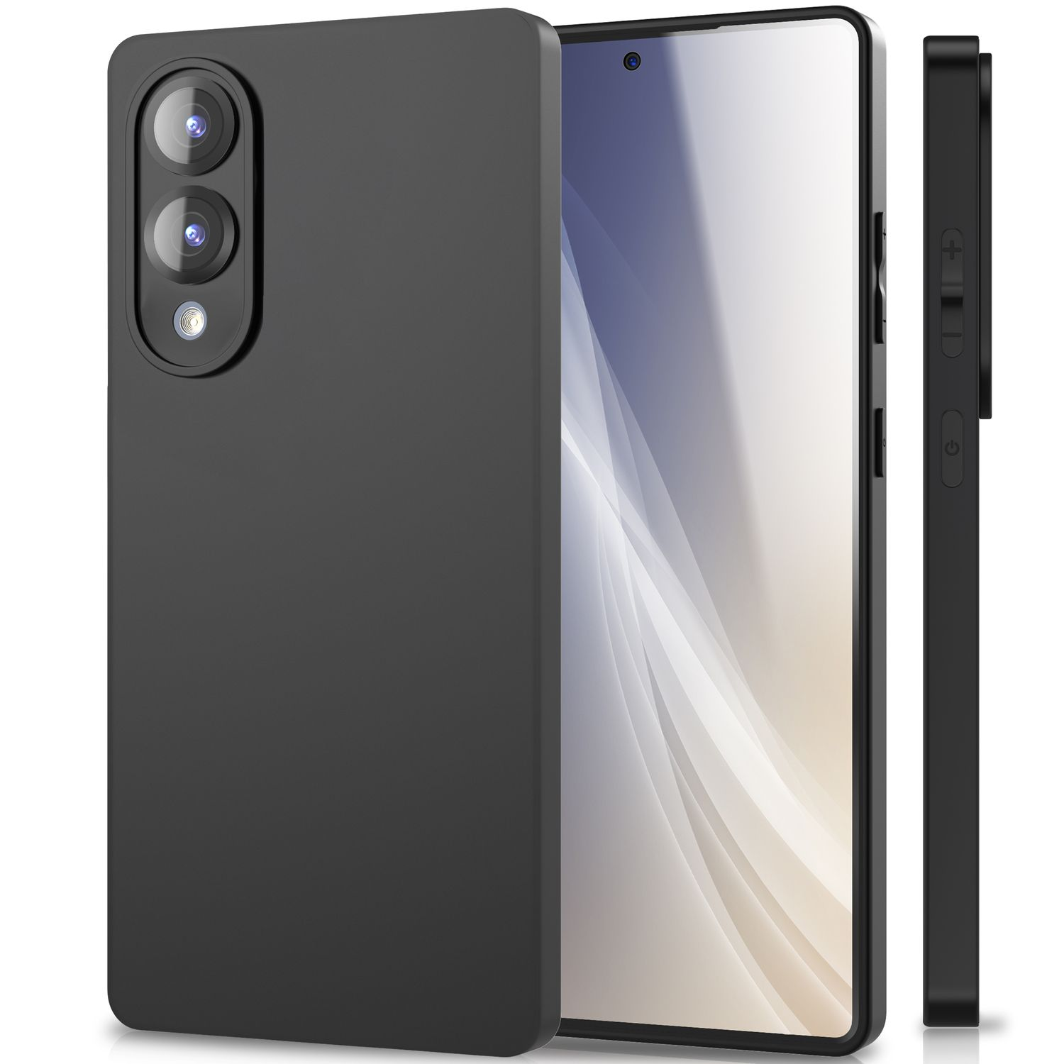 Schwarze Handyhülle mit Telefon, mehrere Ansichten.