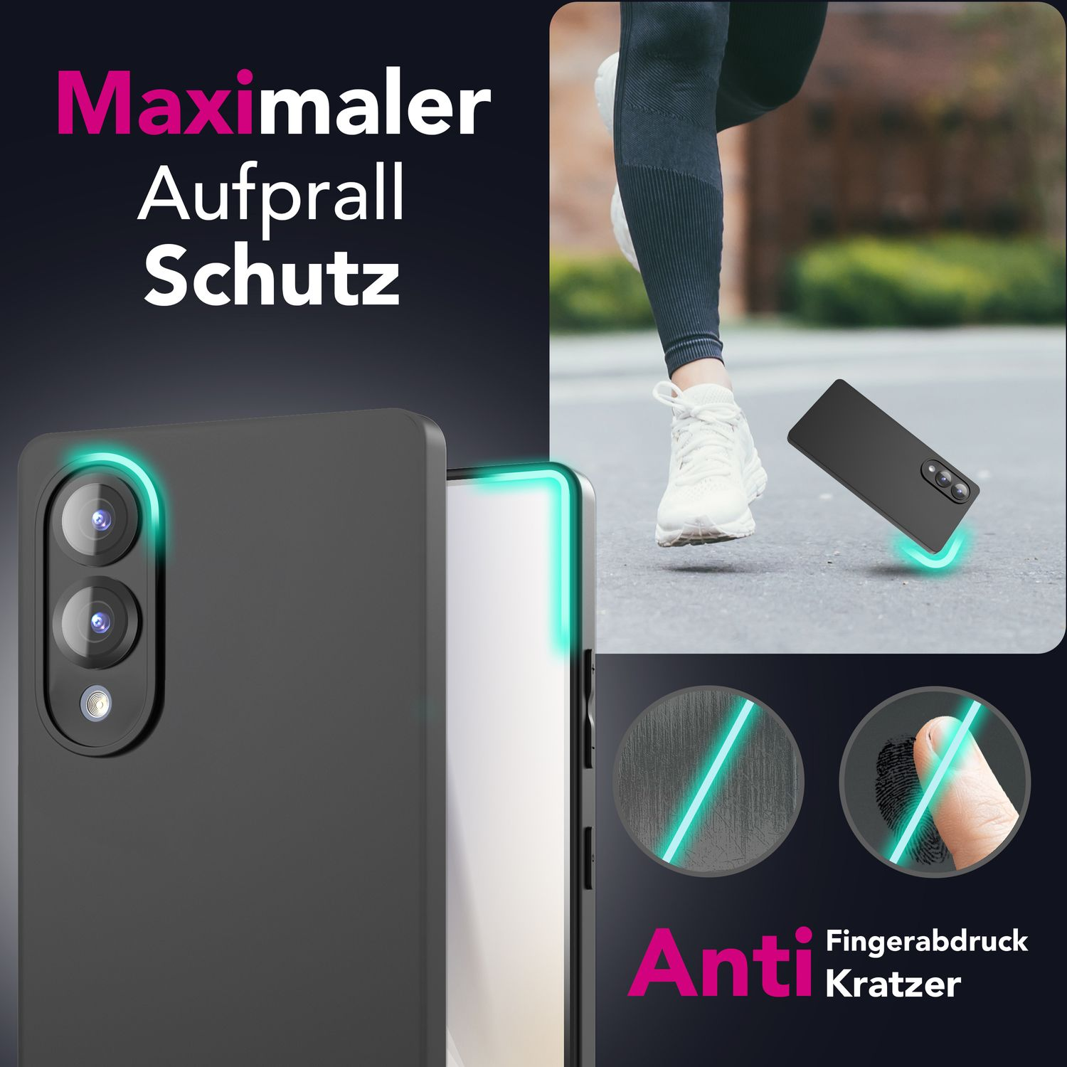 Schwarze Handyhülle mit Text über Kratzschutz und Fingerabdruck.