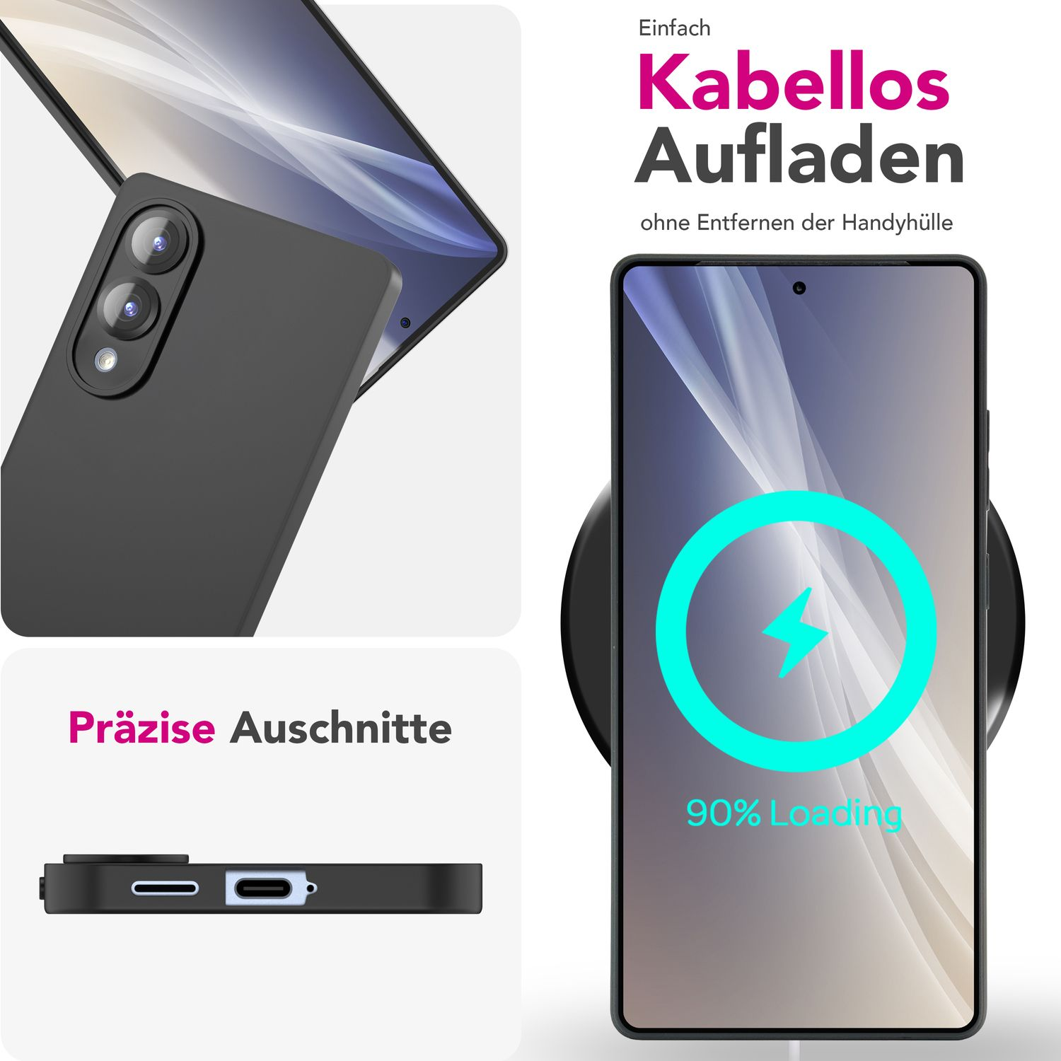 Schwarzes Telefon, schwarze Hülle und ein kabelloses Ladegerät mit 90 % Ladung.