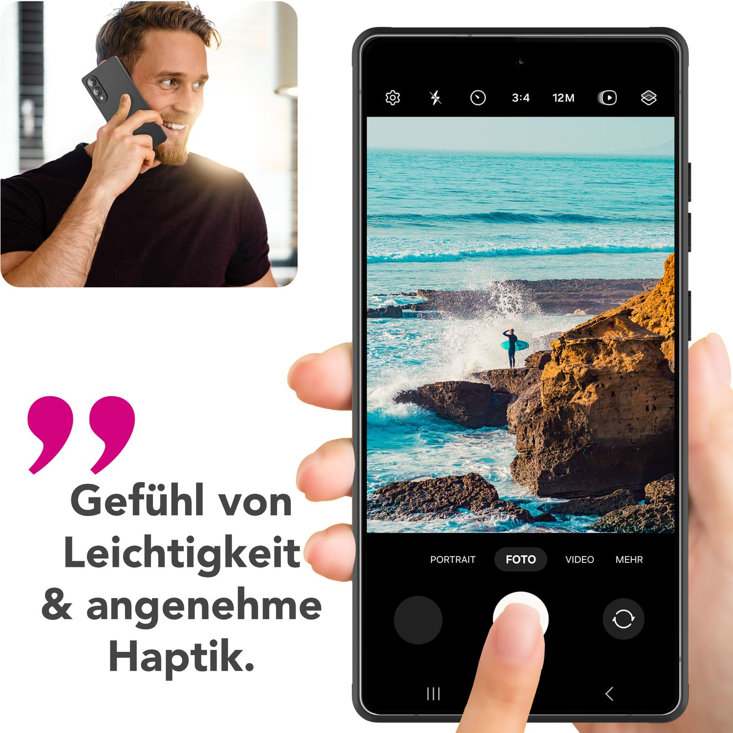 Mann am Telefon. Telefon mit Kamera-Oberfläche zeigt eine Strandszene.