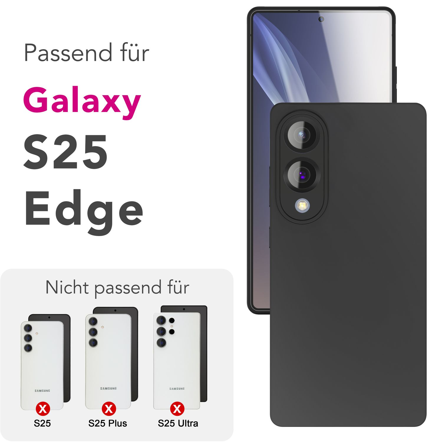 Schwarze Handyhülle mit Telefon, Text 'Galaxy S25 Edge' und drei Handys mit rotem X.