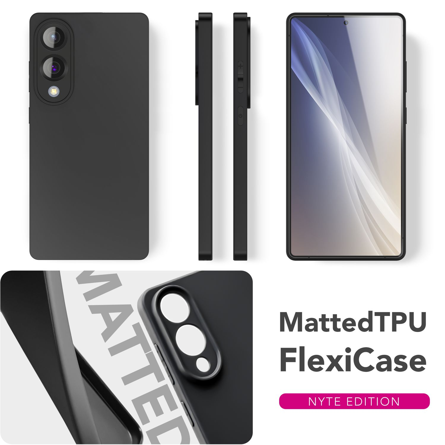 Schwarze Handyhülle mit Kameraaussparung. Telefon und Hülle sind schwarz. Der Text lautet 'Matted TPU FlexiCase'.