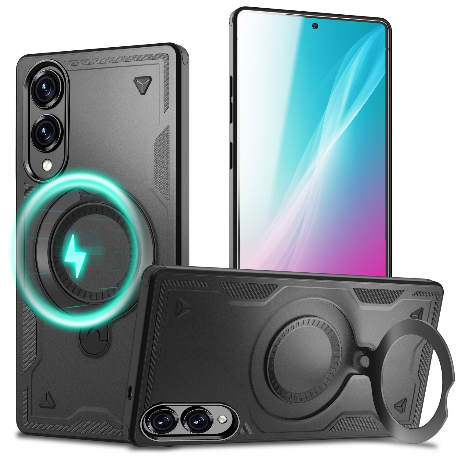 Schwarze Handyhülle mit Magnetring und Blitzsymbol. Ein Telefon wird in der Hülle gezeigt.