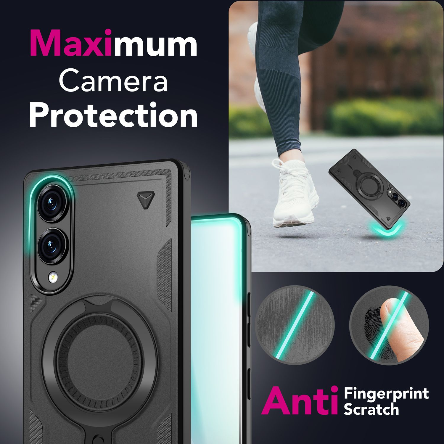 Schwarze Handyhülle mit Kameraschutz und Anti-Fingerprint-Funktionen. Eine Person rennt mit einem weißen Schuh.