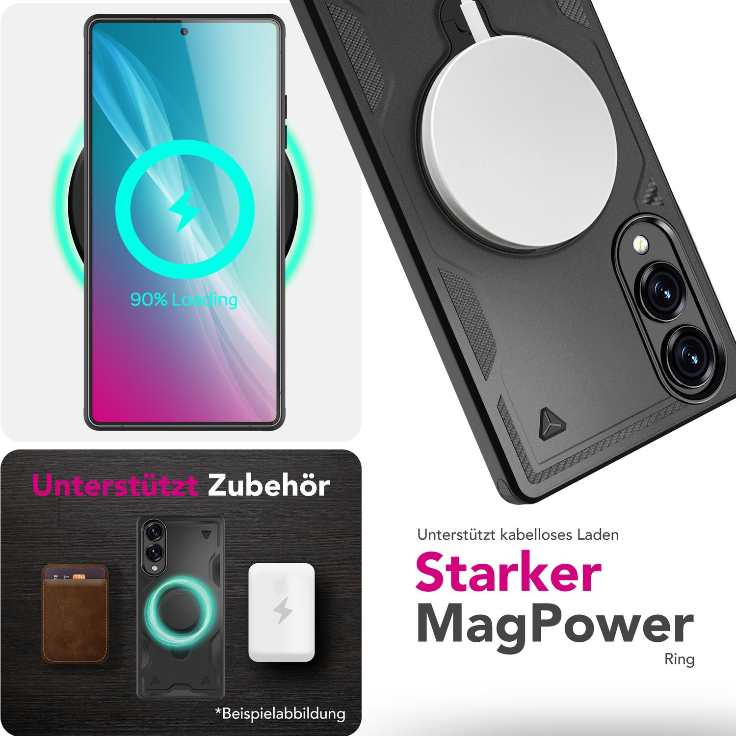 Schwarze Handyhülle mit Magnetring und Blitzsymbol. Ein Telefon wird in der Hülle gezeigt.