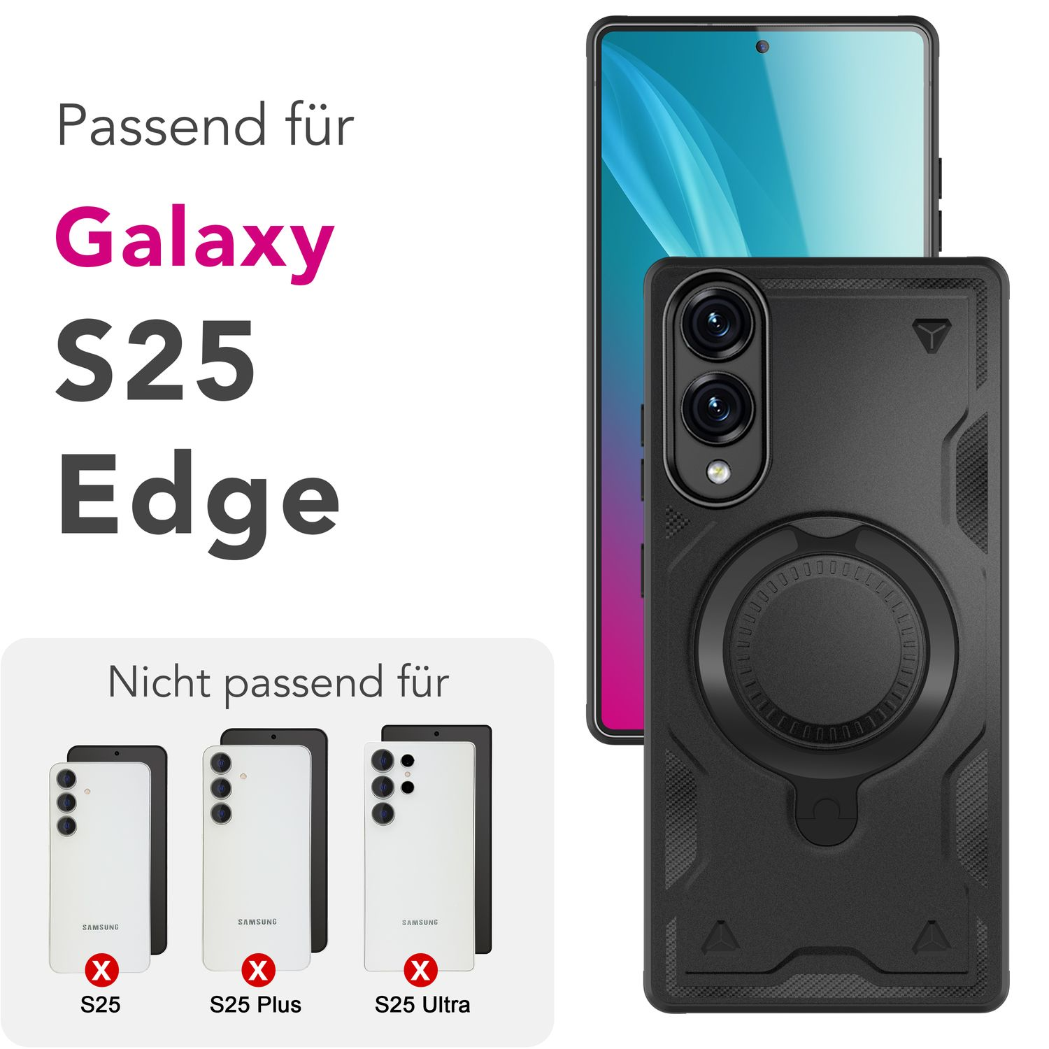 Schwarze Handyhülle mit Kameraaussparung. Ein Telefon wird in der Hülle gezeigt. Der Text lautet 'Galaxy S25 Edge'. Nicht geeignet für S25-Modelle.