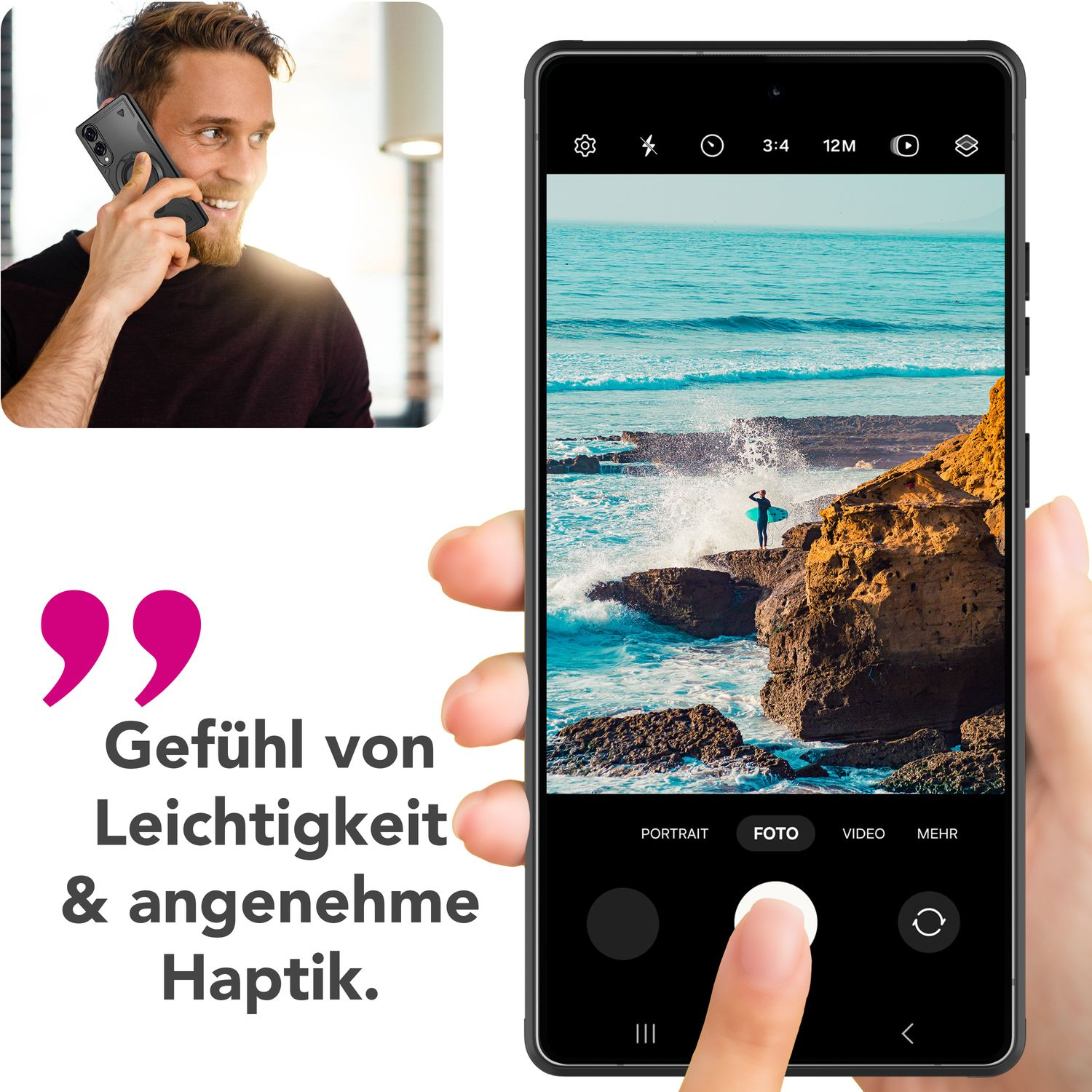 Ein Mann telefoniert, hält ein Telefon und zeigt einen Bildschirm mit einer Welle.