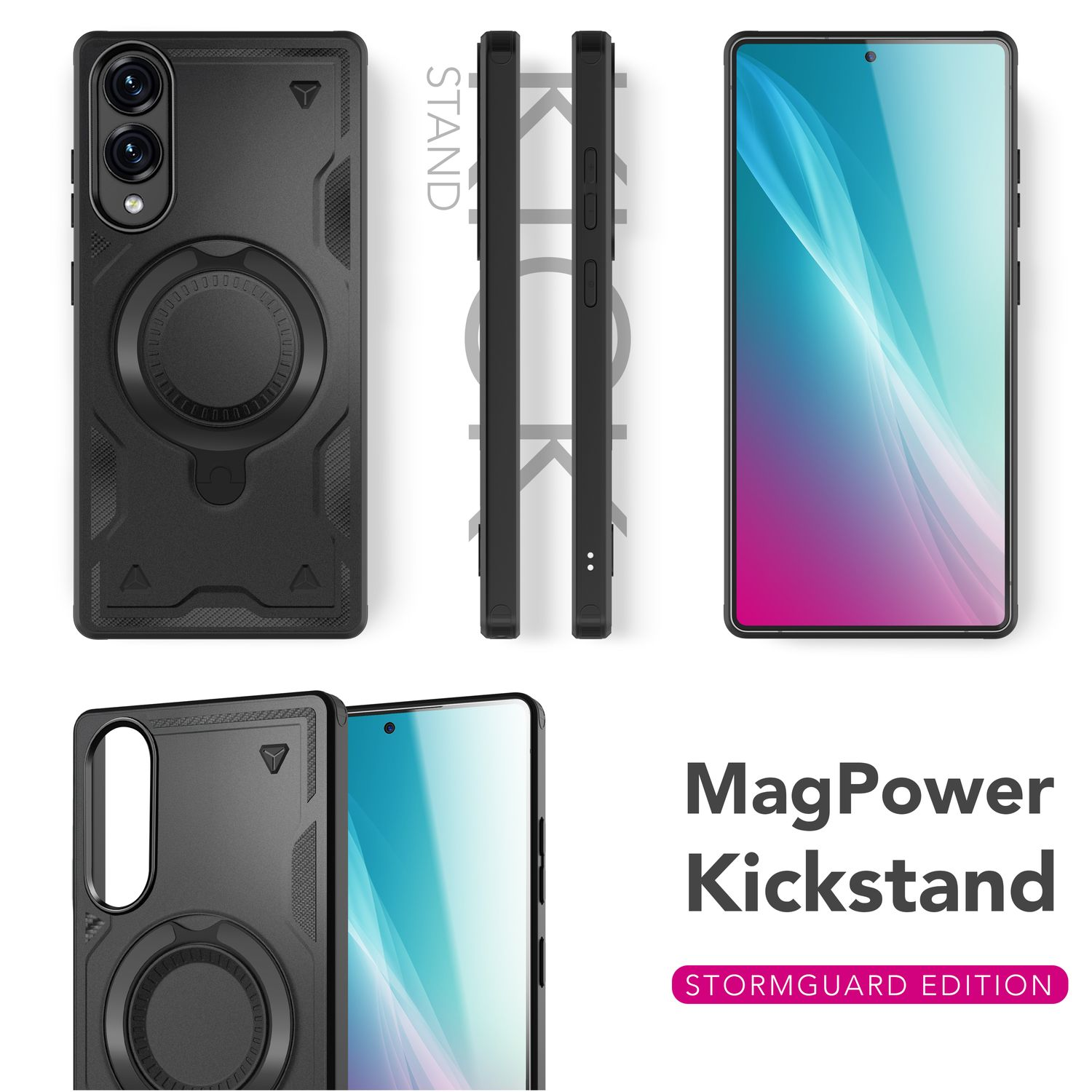 Schwarze Handyhülle mit Ständer und Magnetring. Schwarzes Telefon rechts. Weißer Hintergrund.