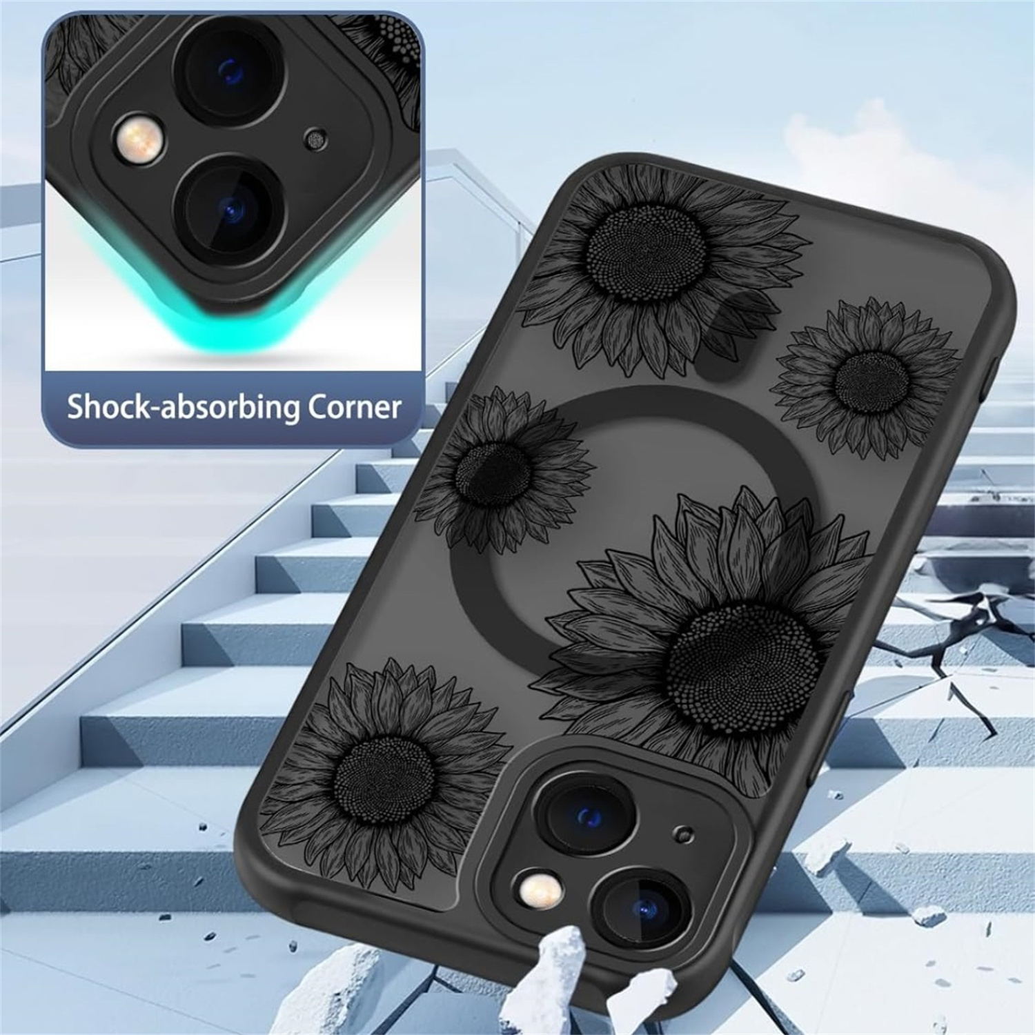 Schwarze Handyhülle mit Sonnenblumenmuster. Zeigt die Rückseite des Telefons. Ein Telefon wird mit einer gesprungenen Oberfläche gezeigt.
