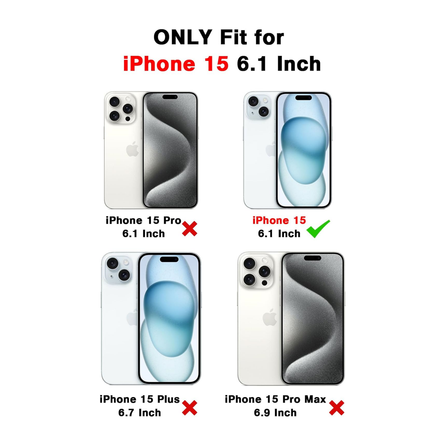 Das Bild zeigt Handyhüllen, nur das iPhone 15 passt, andere sind durchgestrichen.