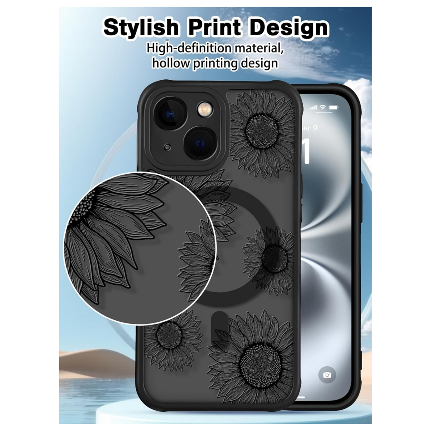 Schwarze Handyhülle mit Sonnenblumen-Design, Telefon an der Seite. Stilvolles Design.