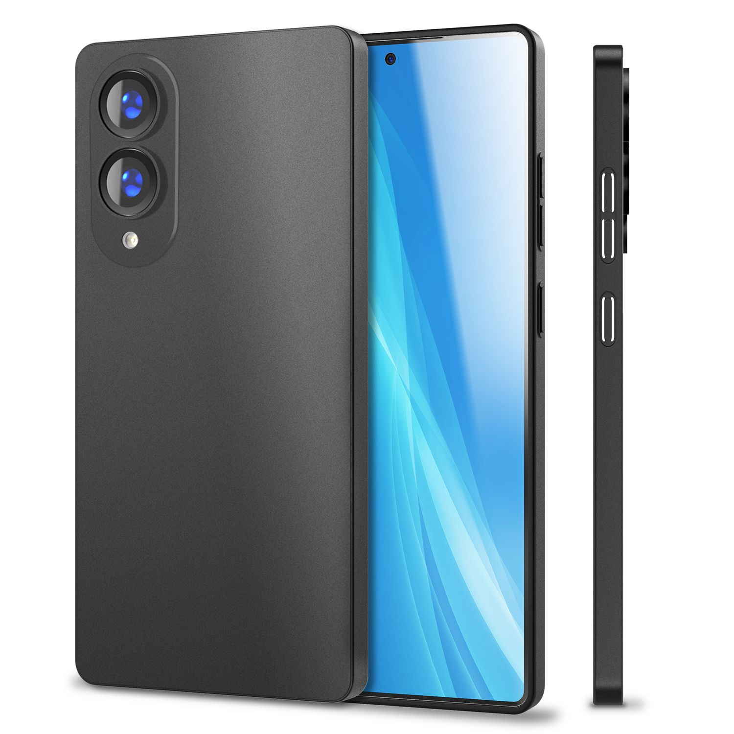 Schwarze Handyhülle neben einem Telefon. Vorder-, Rück- und Seitenansicht.