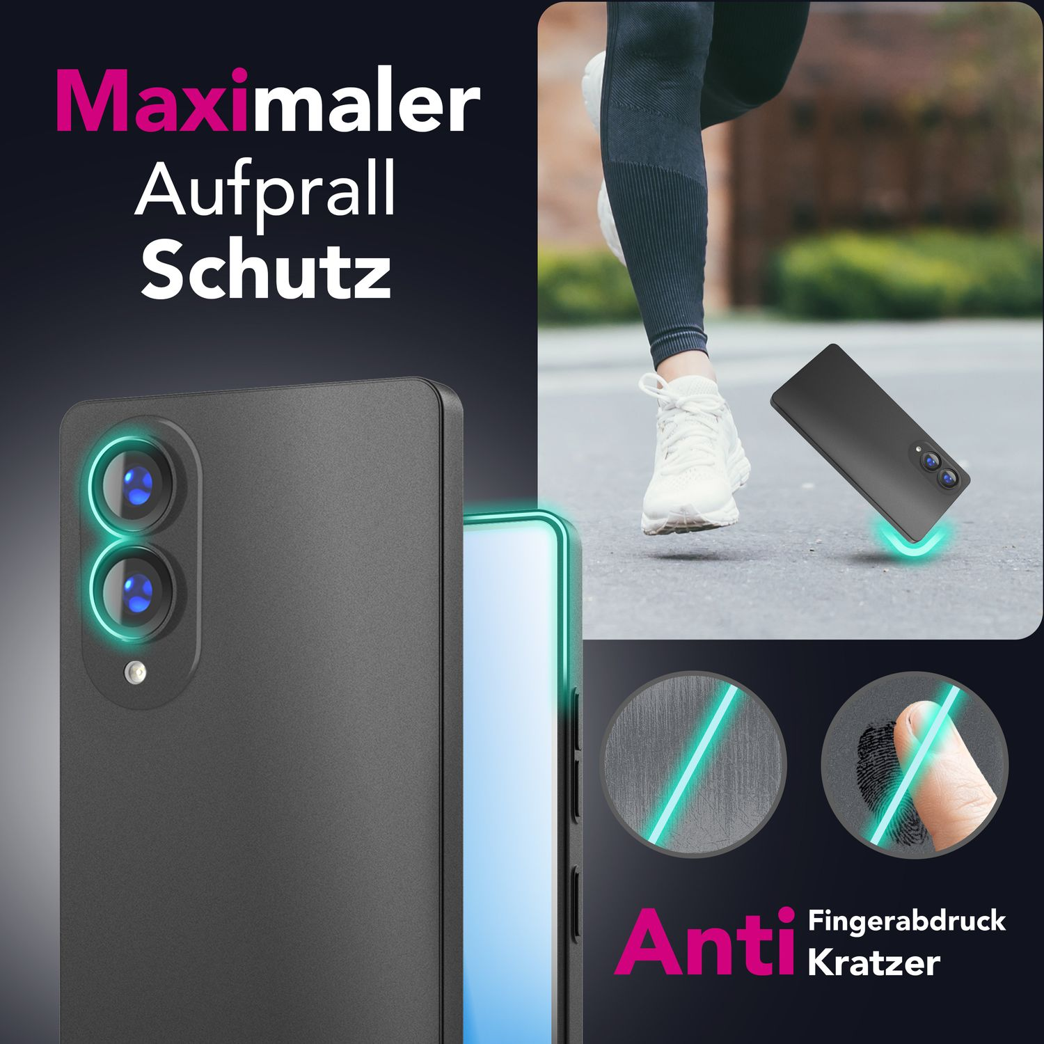 Handyhülle schützt Telefon. Zeigt Anti-Fingerabdruck- und Kratzschutz-Funktionen.