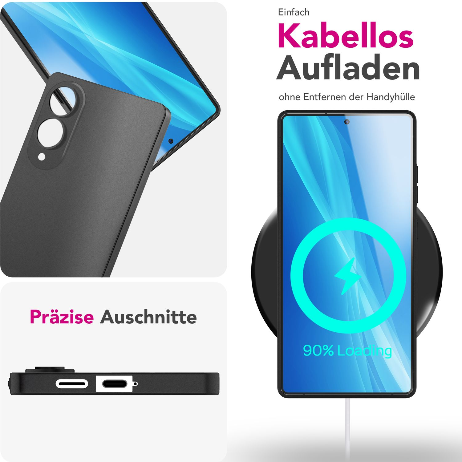 Eine schwarze Handyhülle mit einem Telefon oben drauf, neben einem Ladepad. Zeigt präzise Aussparungen.