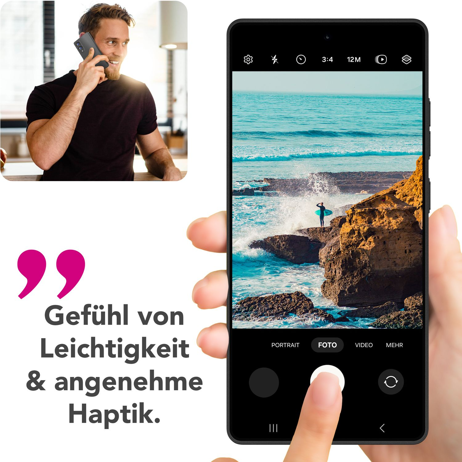 Ein Mann telefoniert. Ein Telefon zeigt ein Foto mit Text darunter.