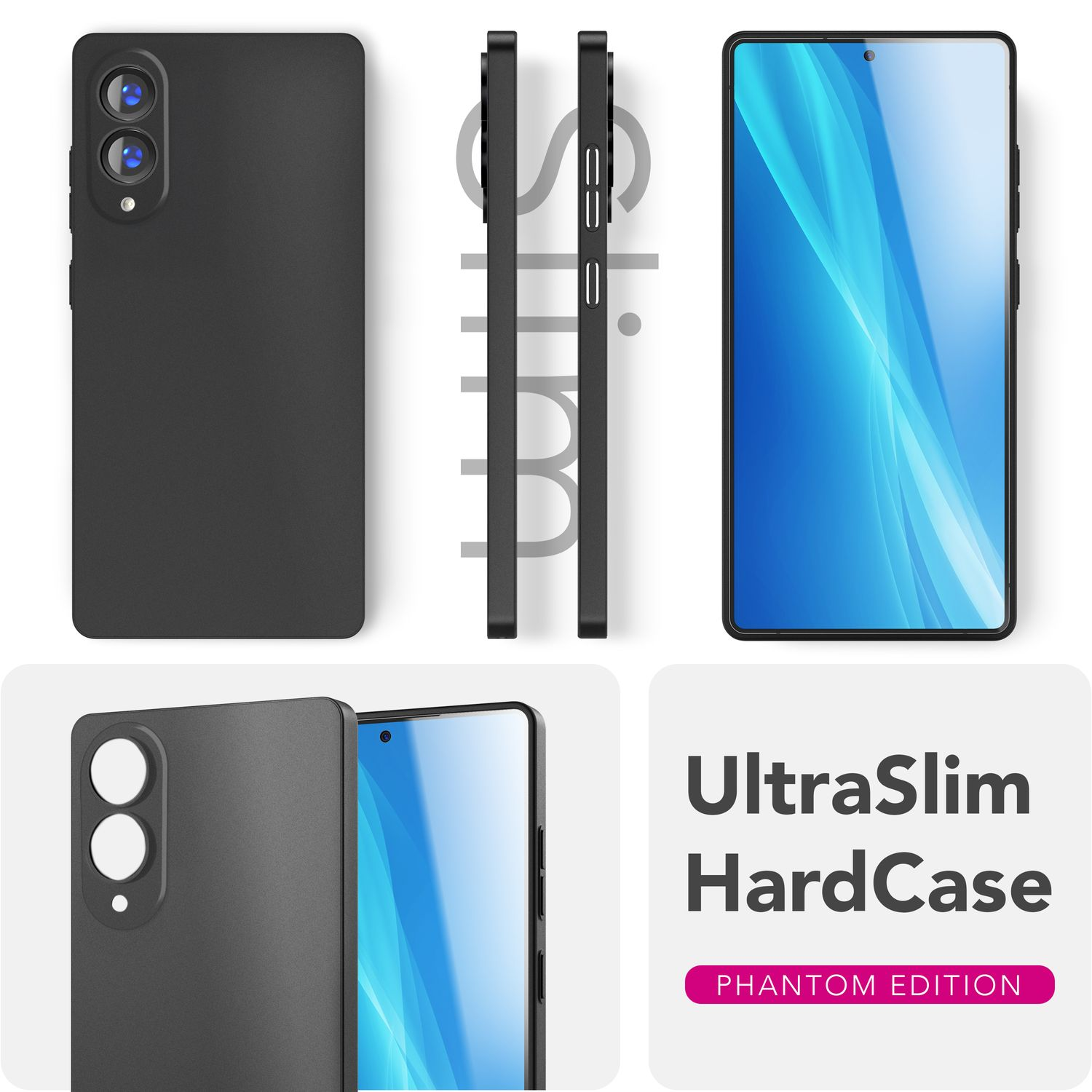 Schwarze Handyhüllen in verschiedenen Ansichten, mit einem UltraSlim HardCase-Label und Details.