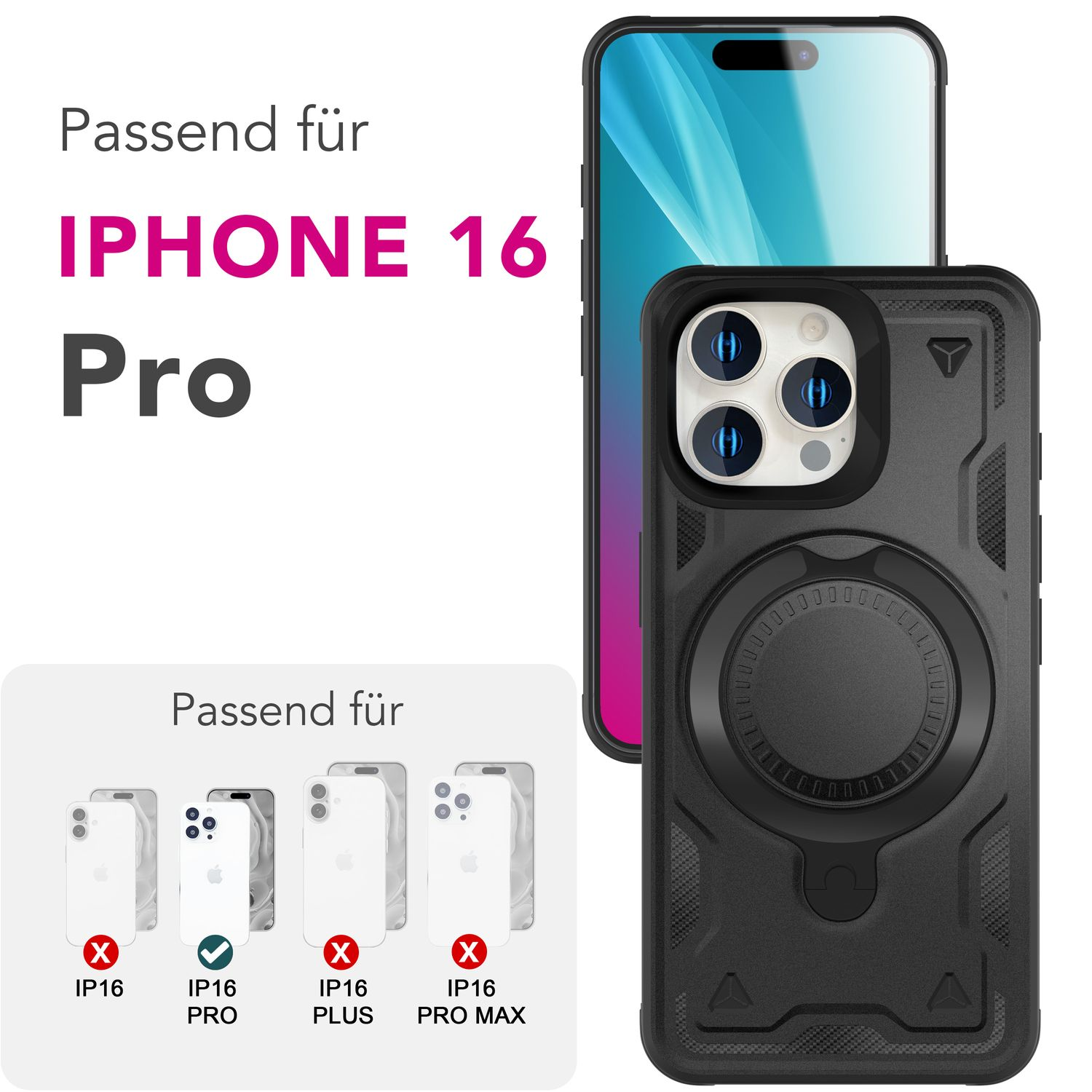 Schwarze Handyhülle auf weißem Hintergrund, mit Telefon und Text, für iPhone 16 Pro.