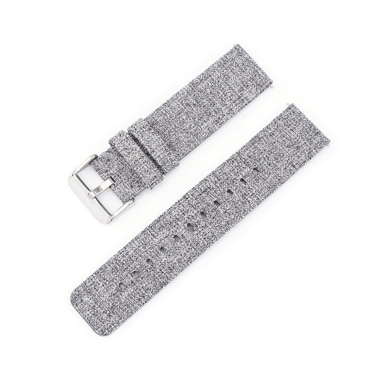 Cinturino grigio in due pezzi con fibbia argentata, su sfondo bianco.