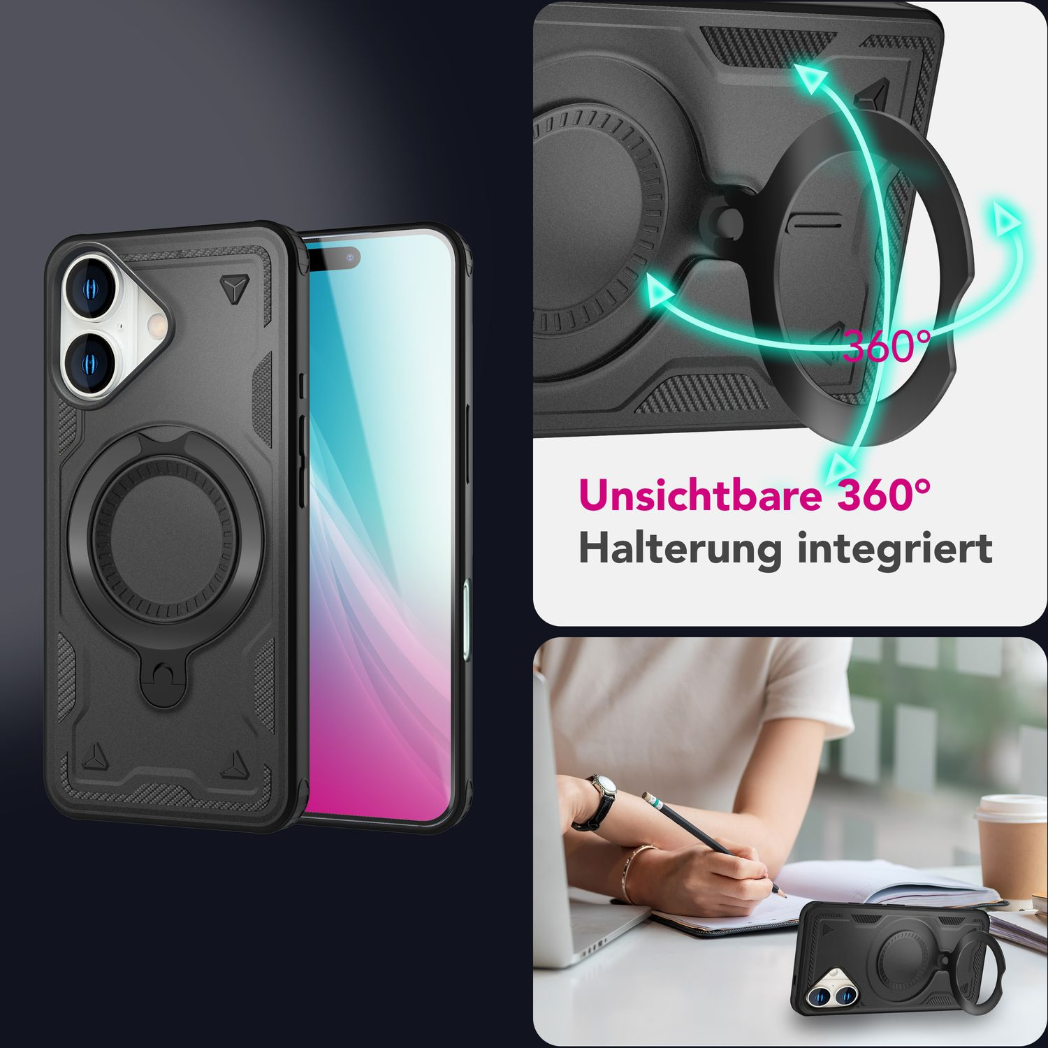 Schwarze Handyhülle mit Ringhalter, Telefon darin und eine Frau, die einen Stift benutzt.