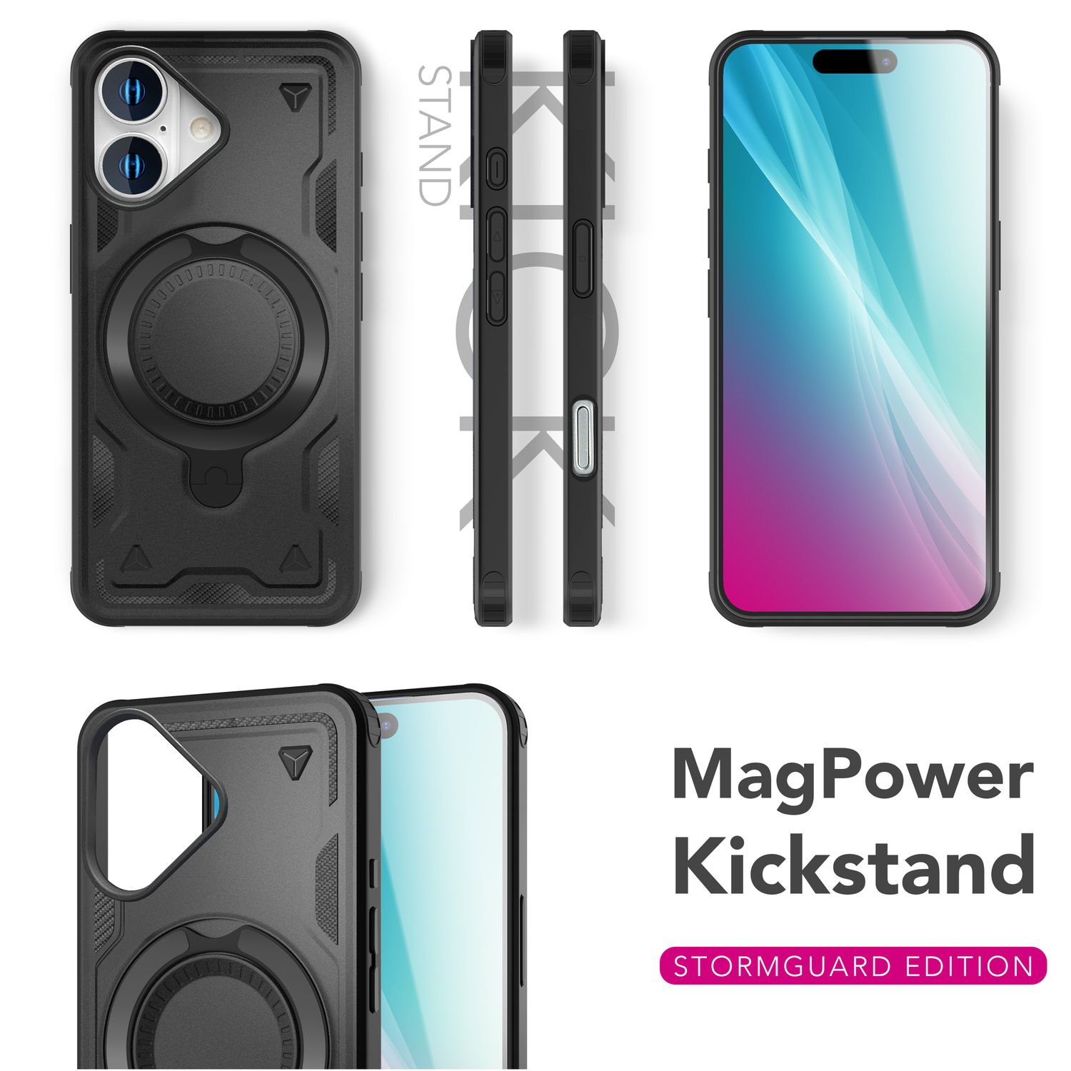 Schwarze Handyhülle mit Ständer, verschiedene Ansichten. MagPower Kickstand Text.