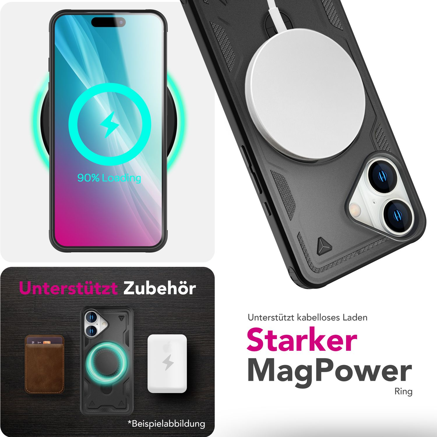 Ein Telefon, das auf einem kabellosen Pad geladen wird, mit einem MagPower-Ring und Zubehör.